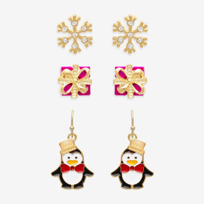 Mixit Gold Tone Snowflake; Present & Penguin 3 Pair Glass Earring Set