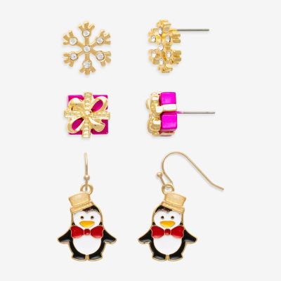 Mixit Gold Tone Snowflake; Present & Penguin 3 Pair Glass Earring Set