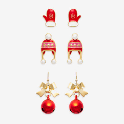 Mixit Gold Tone Mitten; Hat & Bell 3 Pair Earring Set