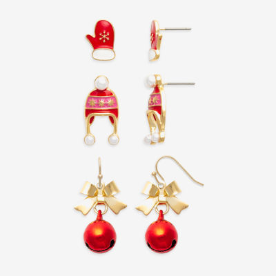 Mixit Gold Tone Mitten; Hat & Bell 3 Pair Earring Set