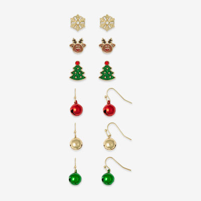 Mixit Gold Tone Christmas Tree; Reindeer & Bell 6 Pair Glass Earring Set