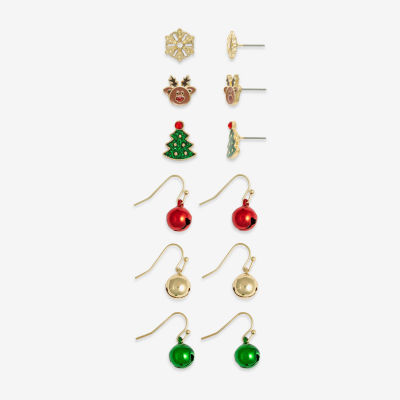 Mixit Gold Tone Christmas Tree; Reindeer & Bell 6 Pair Glass Earring Set