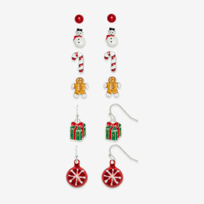 Mixit Silver Tone Gingerbread; Snowman & Candy Cane 6 Pair Glass Earring Set