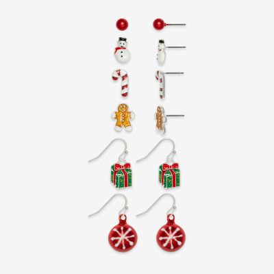 Mixit Silver Tone Gingerbread; Snowman & Candy Cane 6 Pair Glass Earring Set