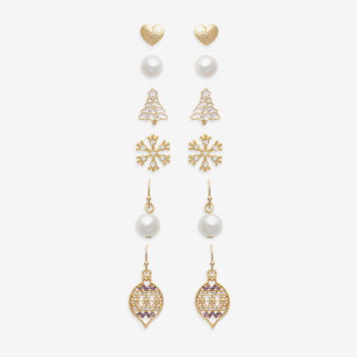 Mixit Gold Tone Christmas Tree & Snowflake 6 Pair Glass Earring Set