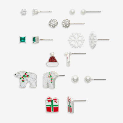 Mixit Silver Tone Tinsel Christmas 9 Pair Cubic Zirconia Earring Set