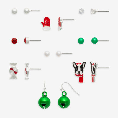 Mixit Silver Tone Santas Little Helper Christmas 9 Pair Cubic Zirconia Earring Set