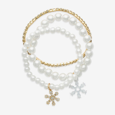 Mixit Gold Tone Glass Simulated Pearl Snowflake Stretch Bracelet