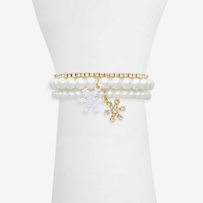 Mixit Gold Tone Glass Simulated Pearl Snowflake Stretch Bracelet