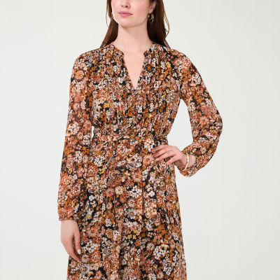 MSK Womens Petite Long Sleeve Floral Fit + Flare Dress