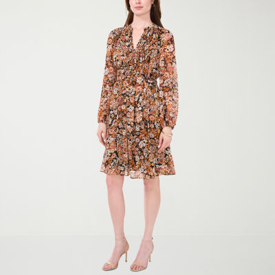 MSK Womens Petite Long Sleeve Floral Fit + Flare Dress