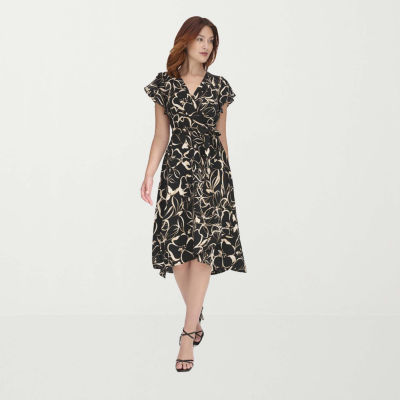 Marc New York Womens Short Sleeve Floral Midi Fit + Flare Dress