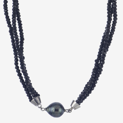 Genuine Tahitian Pearl and Black Spinel Bead Sterling Silver Necklace