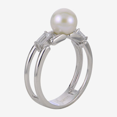 Womens 7-7.5MM White Cultured Freshwater Pearl Sterling Silver Cocktail Ring