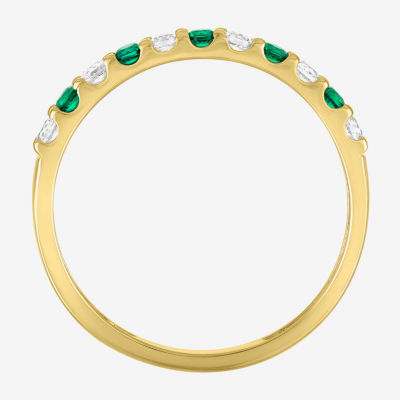 Womens Lab Created Green Emerald 10K Gold Side Stone Cocktail Ring