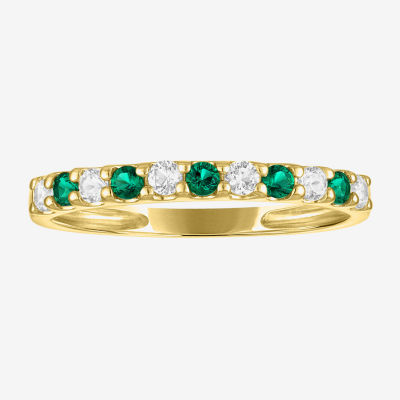 Womens Lab Created Green Emerald 10K Gold Side Stone Cocktail Ring