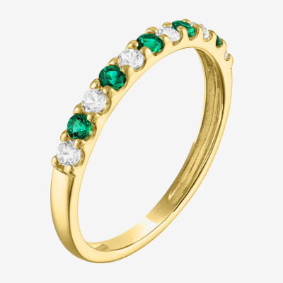 Womens Lab Created Green Emerald 10K Gold Side Stone Cocktail Ring