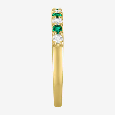 Womens Lab Created Green Emerald 10K Gold Side Stone Cocktail Ring