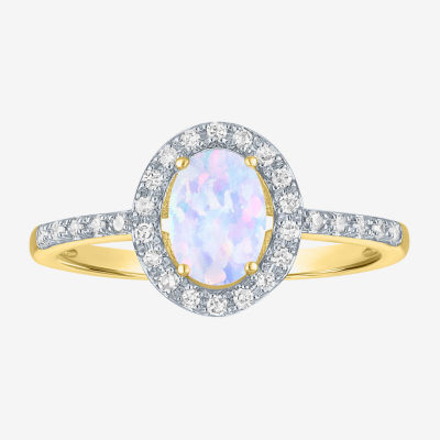 Womens Diamond Accent Lab Created White Opal 10K Gold Halo Side Stone Cocktail Ring