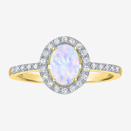 Womens Diamond Accent Lab Created White Opal 10K Gold Halo Side Stone Cocktail Ring, 8