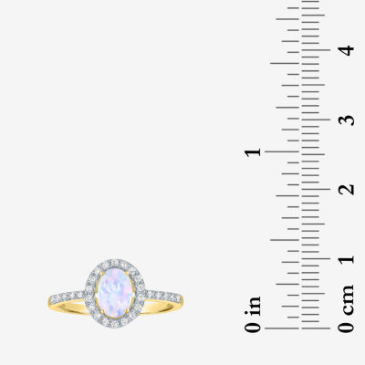 Womens Diamond Accent Lab Created White Opal 10K Gold Halo Side Stone Cocktail Ring