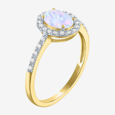 Womens Diamond Accent Lab Created White Opal 10K Gold Halo Side Stone Cocktail Ring