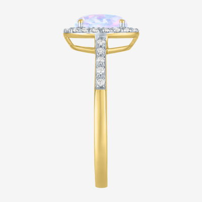 Womens Diamond Accent Lab Created White Opal 10K Gold Halo Side Stone Cocktail Ring