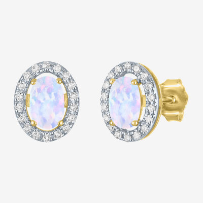 Diamond Accent Lab Created White Opal 10K Gold 9.5mm Stud Earrings