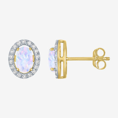 Diamond Accent Lab Created White Opal 10K Gold 9.5mm Stud Earrings