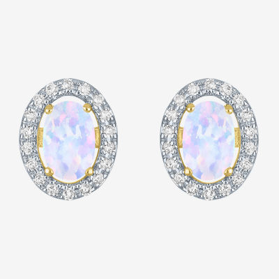 Diamond Accent Lab Created White Opal 10K Gold 9.5mm Stud Earrings