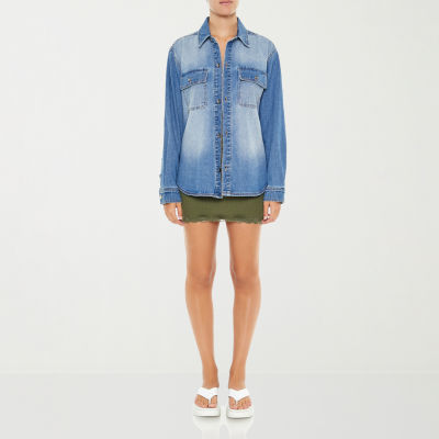 Forever 21 Juniors Denim Womens Long Sleeve Oversized Button-Down Shirt