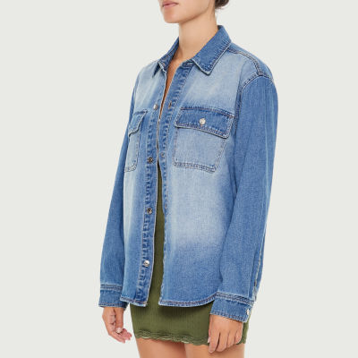 Forever 21 Juniors Denim Womens Long Sleeve Oversized Button-Down Shirt