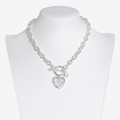 Bold Elements Silver Tone Glass 17 Inch Link Heart Pendant Necklace