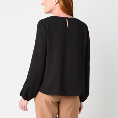 Black Label by Evan-Picone Womens Crew Neck Long Sleeve Blouse