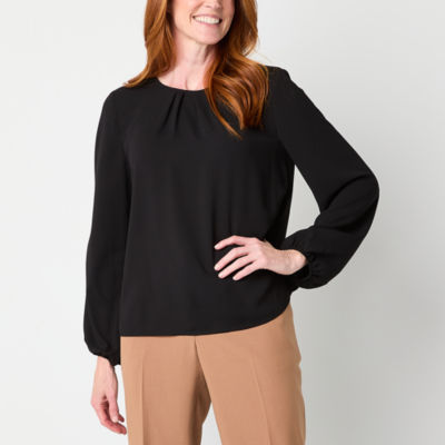 Black Label by Evan-Picone Womens Crew Neck Long Sleeve Blouse