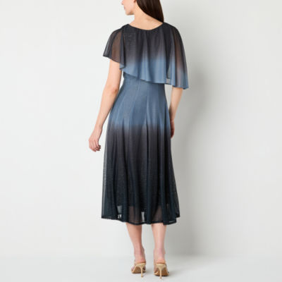 Danny & Nicole Womens Short Sleeve Ombre Midi Cape Fit + Flare Dress