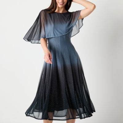 Danny & Nicole Womens Short Sleeve Ombre Midi Cape Fit + Flare Dress