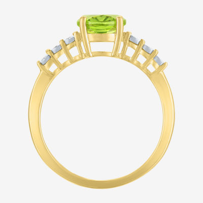 Womens Diamond Accent Genuine Green Peridot 10K Gold Delicate Side Stone Cocktail Ring