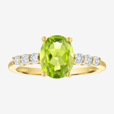 Womens Diamond Accent Genuine Green Peridot 10K Gold Delicate Side Stone Cocktail Ring