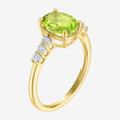 Womens Diamond Accent Genuine Green Peridot 10K Gold Delicate Side Stone Cocktail Ring