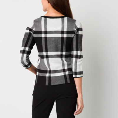 Liz Claiborne Womens Round Neck 3/4 Sleeve Plaid Pullover Sweater