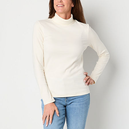 St. John's Bay Womens Turtleneck Long Sleeve T-Shirt, Petite X-large, White