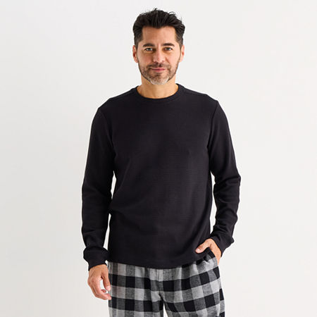 St. John's Bay Mens Waffle Crew Neck Long Sleeve Pajama Top In Black