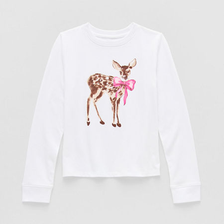Thereabouts Little & Big Kid Girls Crew Neck Long Sleeve Regular Fit Graphic T-shirt In White