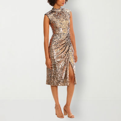 Clover And Sloane Womens Sleeveless Sequin Midi Sheath Dress