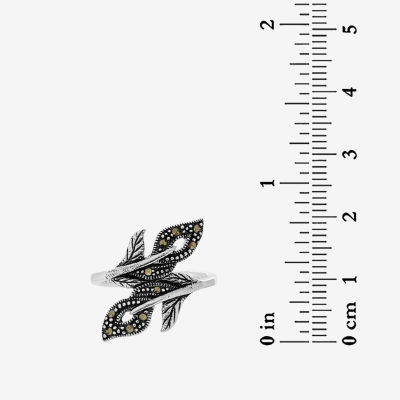 Womens Genuine Black Marcasite Sterling Silver Bypass  Cocktail Ring