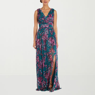 R & M Richards Womens Sleeveless Floral Evening Gown