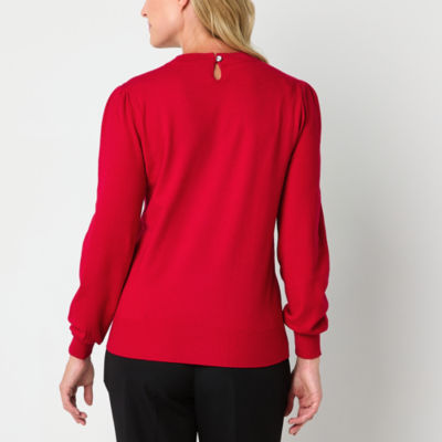 Liz Claiborne Womens Crew Neck Embellished Long Sleeve Pullover Sweater