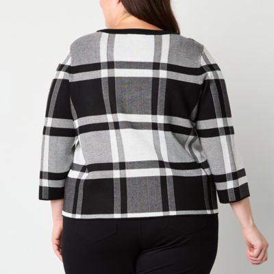 Liz Claiborne Plus Womens Round Neck 3/4 Sleeve Plaid Pullover Sweater