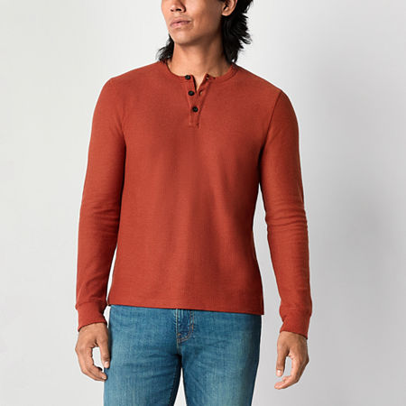 Mutual Weave Solid Waffle Mens Long Sleeve Henley Shirt, Medium, Red